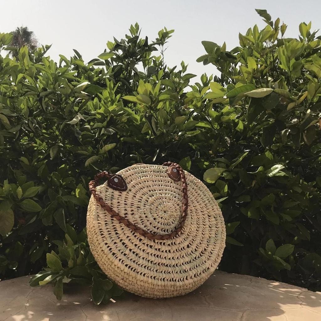 Moroccan Boho Straw Round Beach Basket Bag