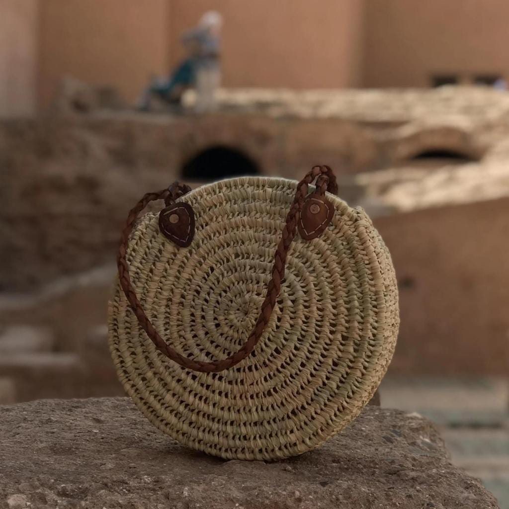 Moroccan Boho Straw Round Beach Basket Bag